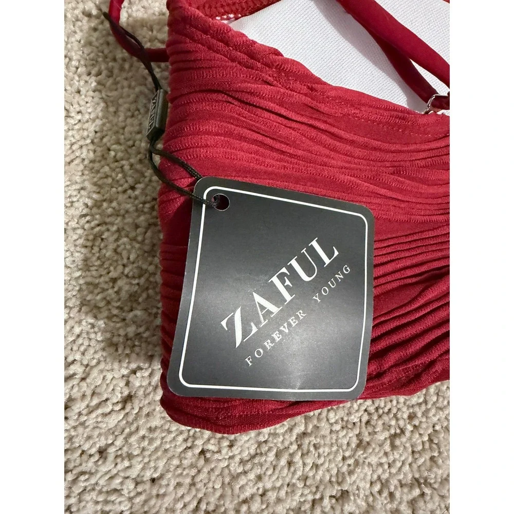 Zaful Red Textured Bikini Set Lace Up Back Two Piece‎ Swimsuit Size L US 8